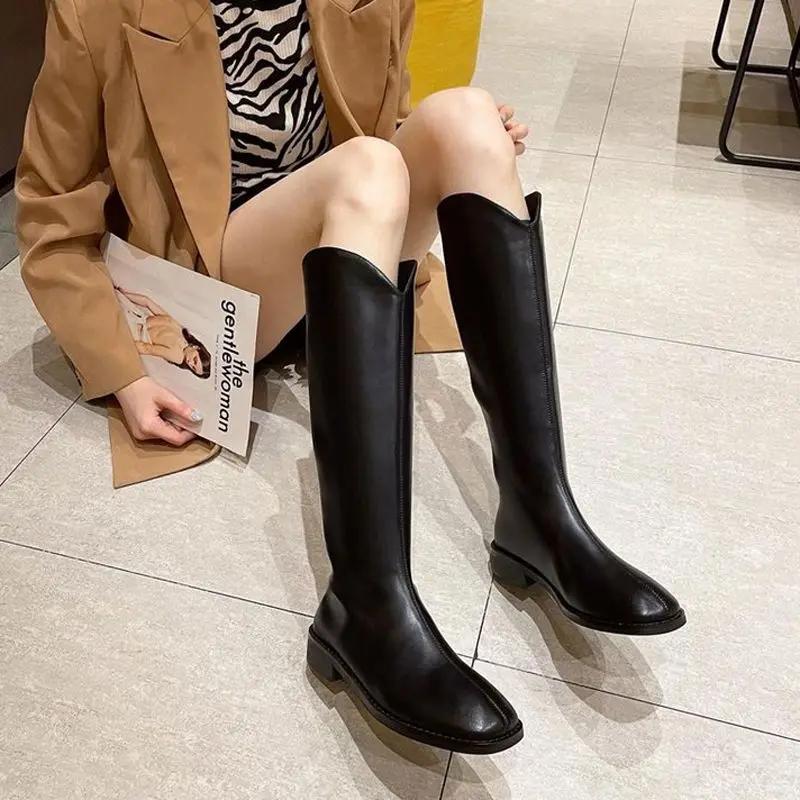 Fashion Knee High Shaft Shoes Woman Square Toe Black Leather Long Boots for Women Elegant with Low Heels On Promotion Designer Luxury Pu