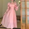 Spring Sweet Back Puff Sleeve Midi Dress Women Autumn Pink Bandage Dress Elegant Chiffon Long Dresses Female