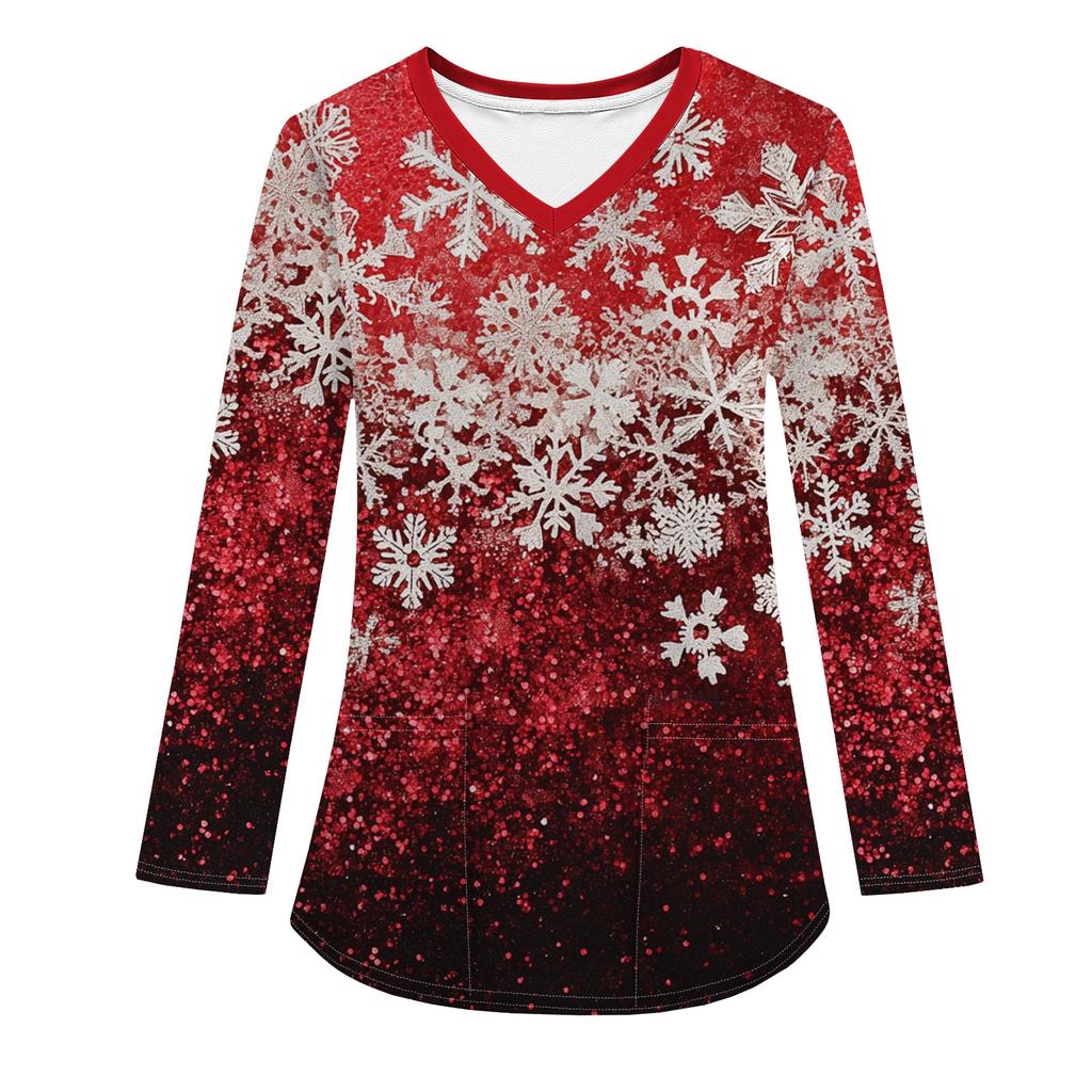 Женская модная рабочая одежда с V-образным вырезом, длинным рукавом и карманом, рождественский принт, футболка, топ