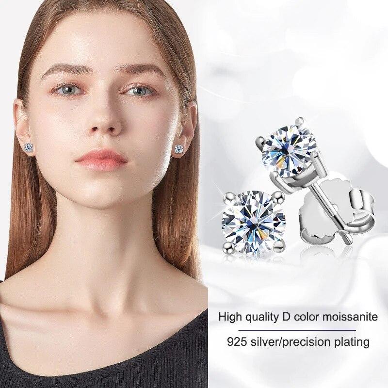 Серьги-гвоздики круглой огранки с четырьмя когтями для женщин, однотонные круглые серьги из стерлингового серебра 925 пробы с муассанитом и бриллиантами, ювелирные изделия