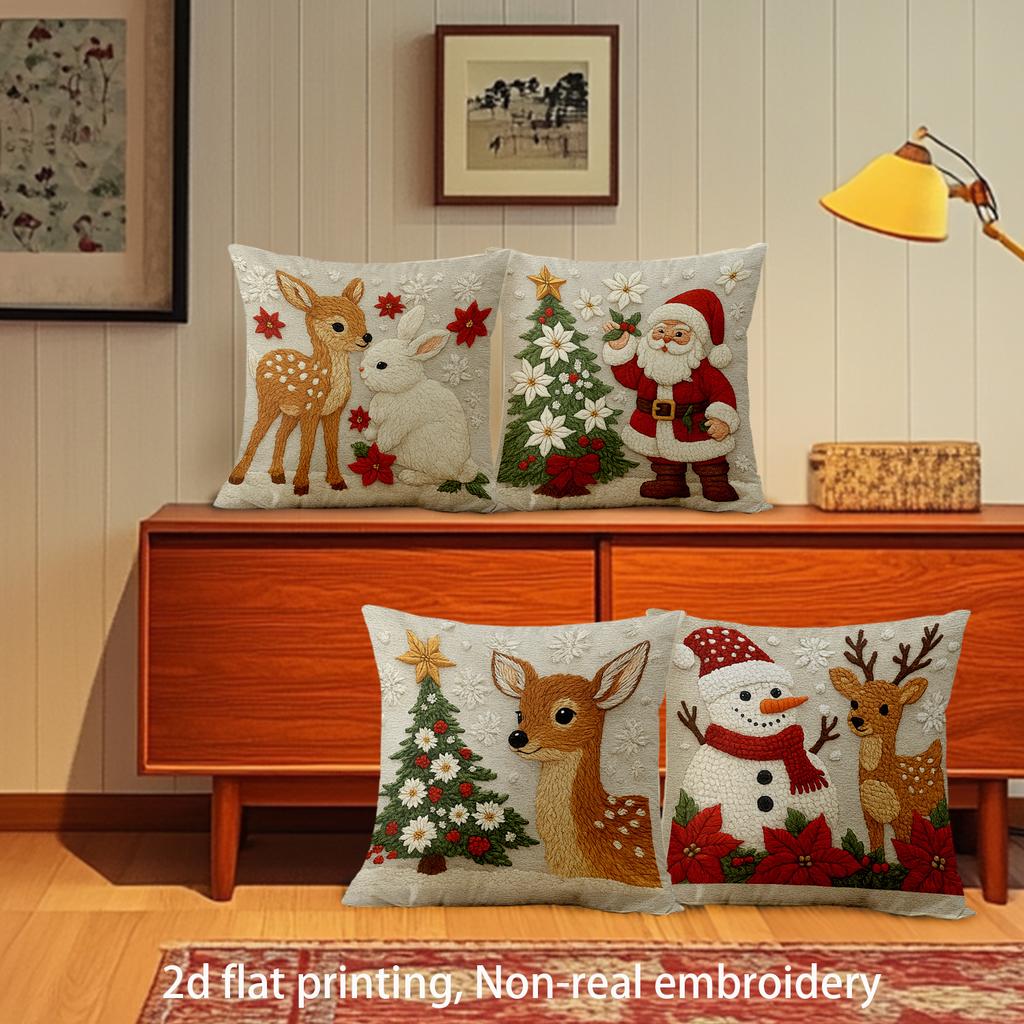 2D Flat Print Christmas Pillowcase Set 4Pcs, Santa Tree Reindeer Snowman Design, Zippered Hand Wash For Sofa Bed Decor