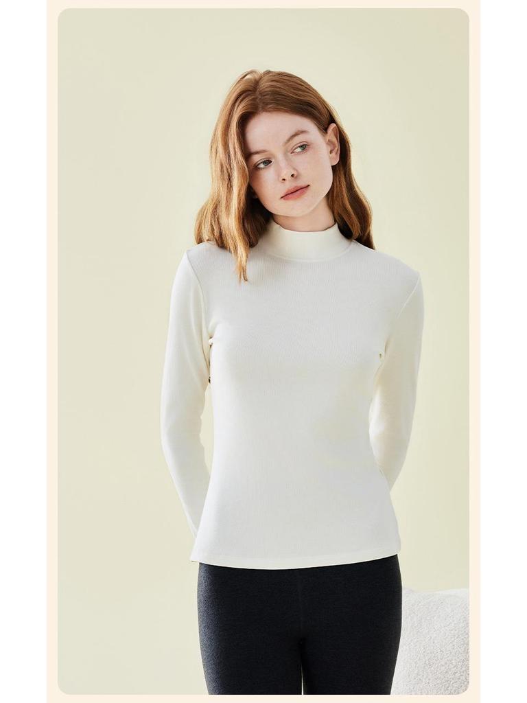 Женская рубашка облегающего кроя из смесовой шерсти со средним вырезом и длинными рукавами на осень/зиму