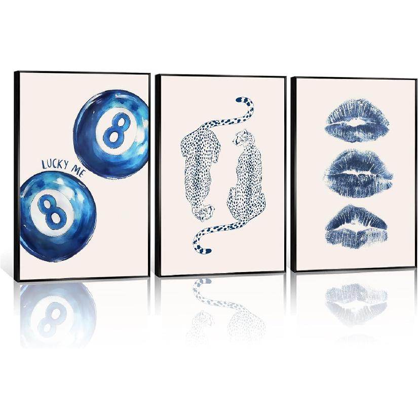 Set of 3 Trendy Cheetah Wall Art Funky Navy Blue Kiss Lips wall decoration pictures Retro Lucky 8 Ball Leopard Pattern Poster prints for Girls