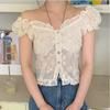 French Short Crop Tops Fashion Button Up Cotton Lace Shirts Chic Korea Design Japanese Style Summer Small Ruffles Women Blouses