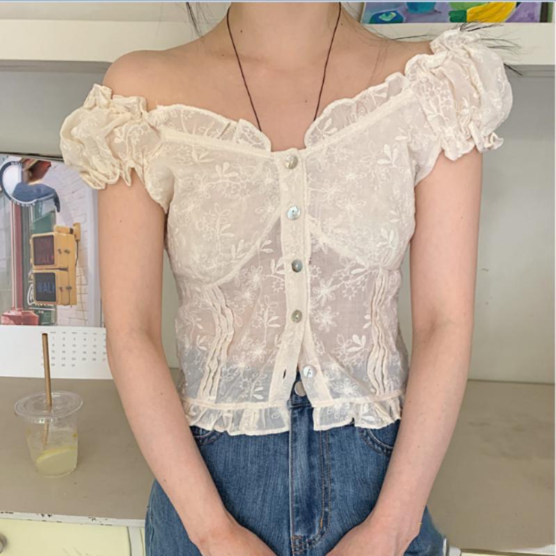 French Short Crop Tops Fashion Button Up Cotton Lace Shirts Chic Korea Design Japanese Style Summer Small Ruffles Women Blouses