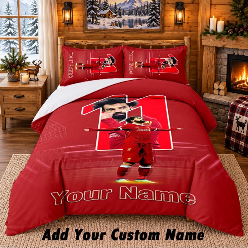 Mohamed Salah Pattern Bedding 3Pcs Set Custom Name, Bed Sheet And Pillowcases For Home Bedroom