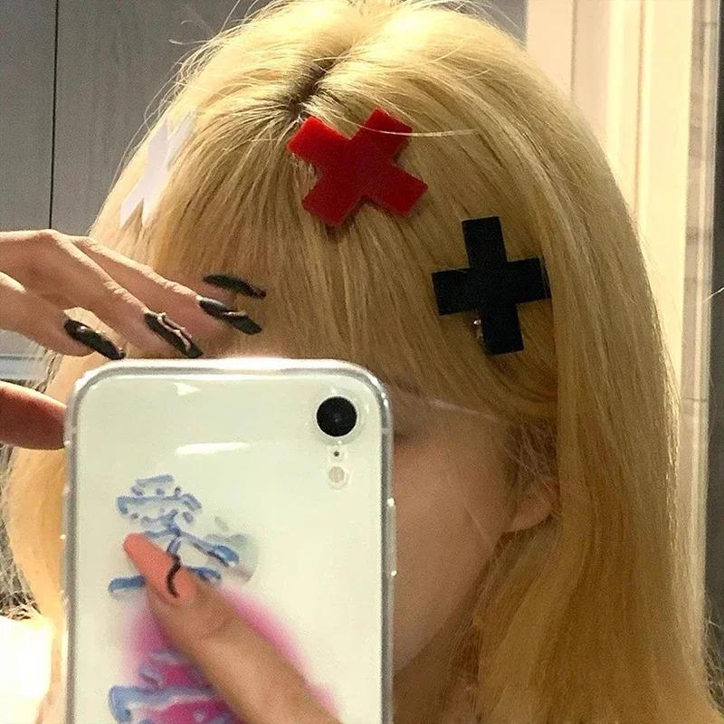 3 шт., заколка с поперечным зажимом для волос Harajuku Y2k Spice Girl, милая крутая шпилька для волос, модная шпилька с красным крестом, женская шпилька в стиле панк, готика, крутая уникальная