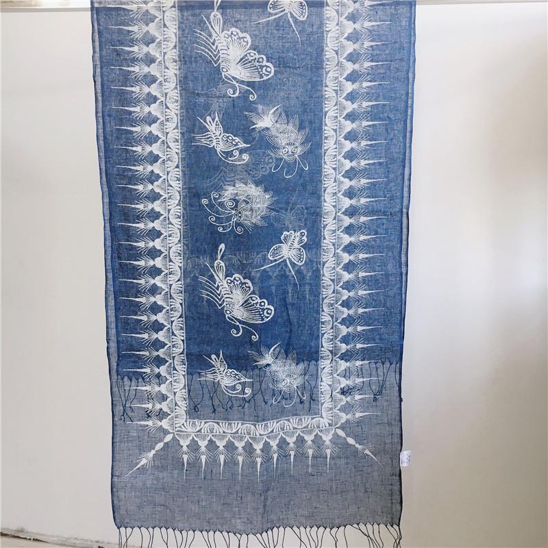 Linen Tie-Dye Scarf Gradual Change Imitation Blue Dye Batik Scarf Women'S Style Shawl Fringed Warm Silk Scarf