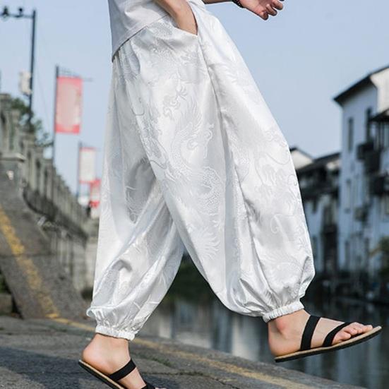 Мужские Брюки Фонарики Хиппи Бохо Широкие С Принтом Дракона Свободные С манжетой на щиколотке Мягкие Дышащие Шаровары Длинные Брюки для Йоги