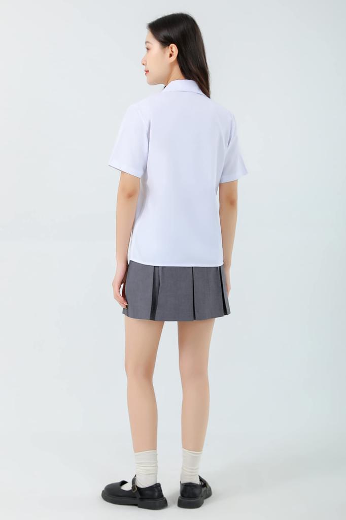 Школьная короткая рубашка с карманом [Sharphon] Рубашка для девочек, Рукав, Воротник, Однотонная, Хлопок, Топ,