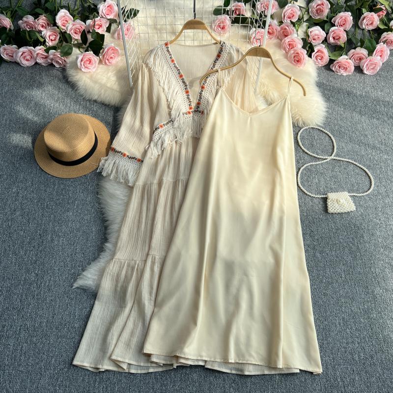 Винтажные длинные платья, женское летнее кружевное платье трапециевидной формы с v-образным вырезом и половиной рукавов и кисточками в стиле пэчворк, с высокой талией