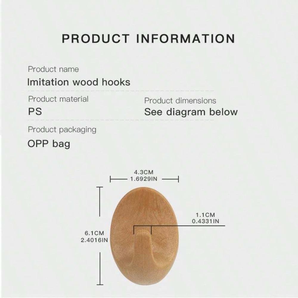 Овальные крючки из искусственного дерева PS без сверления и гвоздей, настенные, водонепроницаемые, маслянистые, пластиковые с текстурой дерева, самоклеящиеся