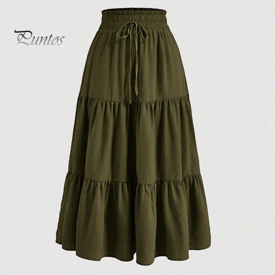 Женская юбка в стиле бохо, эластичная, с высокой талией, регулируемая, с завязками на талии, однотонная, А-силуэт, летняя юбка