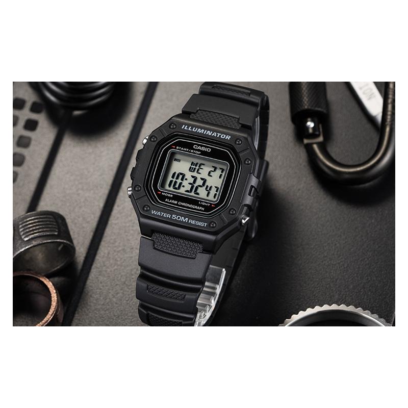 Casio Серия YOUTH - силиконовый маленький квадрат, ретро маленький квадрат, черный воин, цифровой дисплей, кварцевый механизм, полимерный ремешок, японский и W-218H-1A