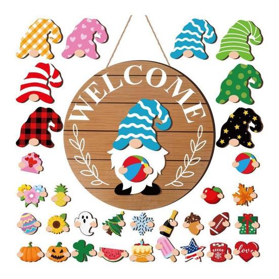 1 Set Interchangeable Wooden Welcome Sign with Seasonal Hat Accessories Gnome Highland Cow Hanging Front Door Sign Home Office Holiday Decoration