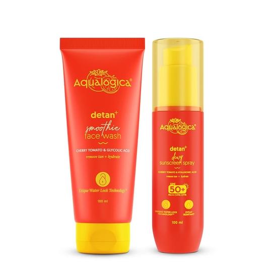 Aqualogica Detan+ Смузи для умывания с томатом черри и гликолевой кислотой для удаления загара (100мл) + Спрей-санскрин Detan+ Dewy (100 мл) | 2 штуки