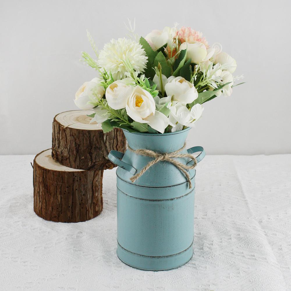 Набор из 3 предметов: два имитационных букета и европейская винтажная синяя ваза из железа для украшения домашнего офиса, обеденного стола