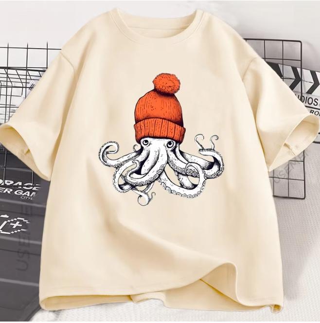 Octopus Orange Beanie Cotton TShirt Japanese Style Graphic Tees Casual Cotton Short Sleeve Round Neck Tshirts Unisex Clothe