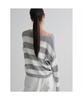 8SECONDS Loose Fit Striped Boat Neck Pullover Light Gray
