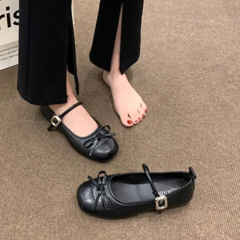 Elegant Women Shoes 2025 Mary Janes Women's Flats Daily Dress Ladies Bow Tie Shallow Buckle Strap Soft Bottom Outdoor Flat Pumps