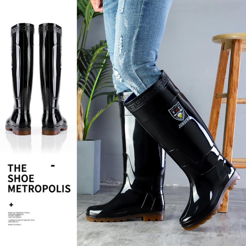 3537 Black 45CM Men's Extra High Rain Boots - Waterproof PVC Work Footwear for Construction Safety