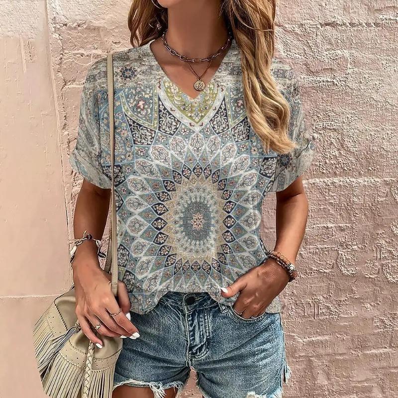 Женская футболка Boho Harajuku с графическим принтом, летние повседневные топы с коротким рукавом, уличная мода, футболка с V-образным вырезом, женская одежда, футболки женские