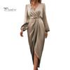 Women Dress Irregular Slit Hem High Waist Pleated Long Puff Sleeves Solid Color V Neck Formal Party Banquet Maxi Dress