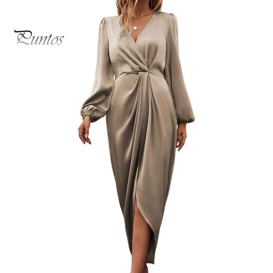 Women Dress Irregular Slit Hem High Waist Pleated Long Puff Sleeves Solid Color V Neck Formal Party Banquet Maxi Dress