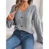Women's Autumn and Winter Solid Color V-neck Button Twist Lantern Sleeve Pullover Sweater