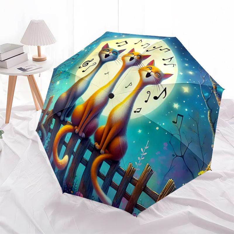 1pc Night Singing Cats Automatic Folding Umbrella - Windproof Compact Travel Umbrella with Auto Open/Close, 8-Rib Heavy-Duty Shaft for Women/Men A001