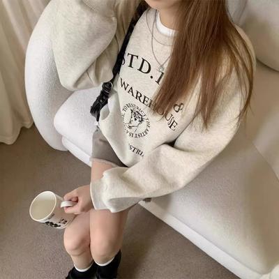 Американская Свободная Белая Серая Принтованная Толстовка с Круглым Вырезом Новая Толстовка для Женщин с Толстым Вельветовым Верхом