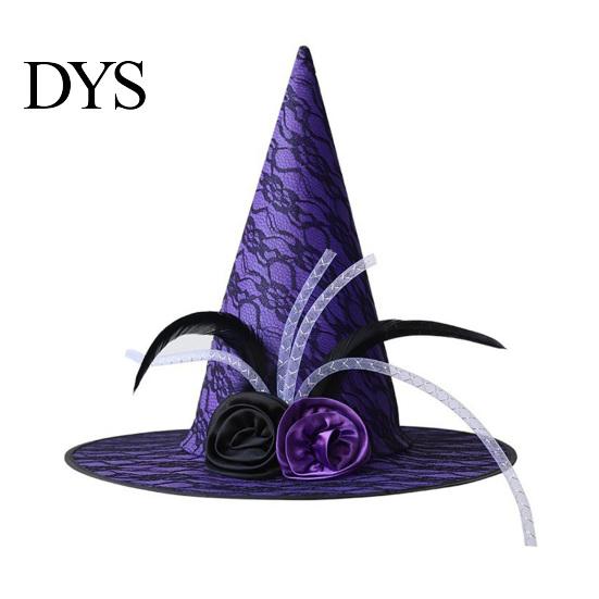 Fashionable Theme Event Hat Halloween Star Witch Hat, Mesh Veil Rose Feather Cone Adult Party Hats for Women, Gothic Costume Headwear, Cosplay