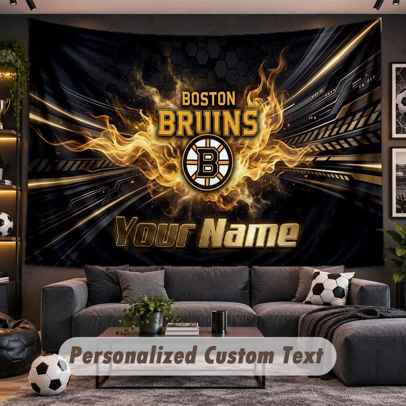 Wall Hanging Tapestry Custom NameBoston Bruins Pattern Personalized Printed Fabric Wall Decor