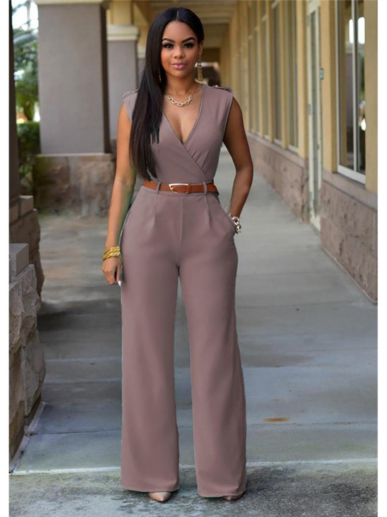 Летний однотонный комбинезон без рукавов с высокой талией и V-образным вырезом для женщин