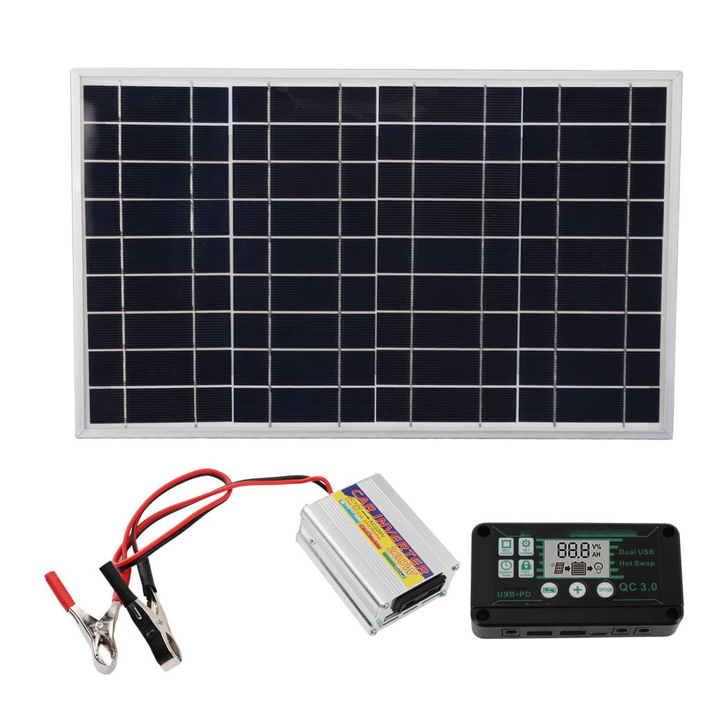 30W Solar Panel Kit with 220W Inverter and MPPT QC3.0 Controller, Portable Solar for RV Camping Boat Car 12V Battery