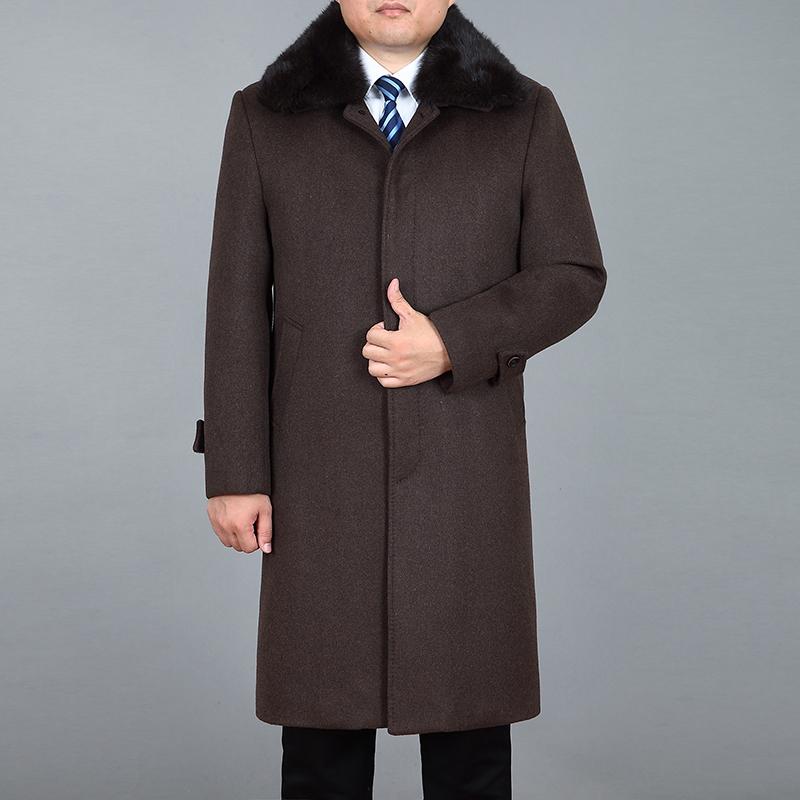 Мужское шерстяное длинное пальто, зимнее кашемировое пальто из натурального кроличьего меха, толстое теплое зимнее мужское полупальто с меховой подкладкой
