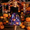 Women's Long Sleeve Halloween Dress Round Neck Casual Midi Dress with Printed Skirt and Waist Tie for Seasonal Occasion