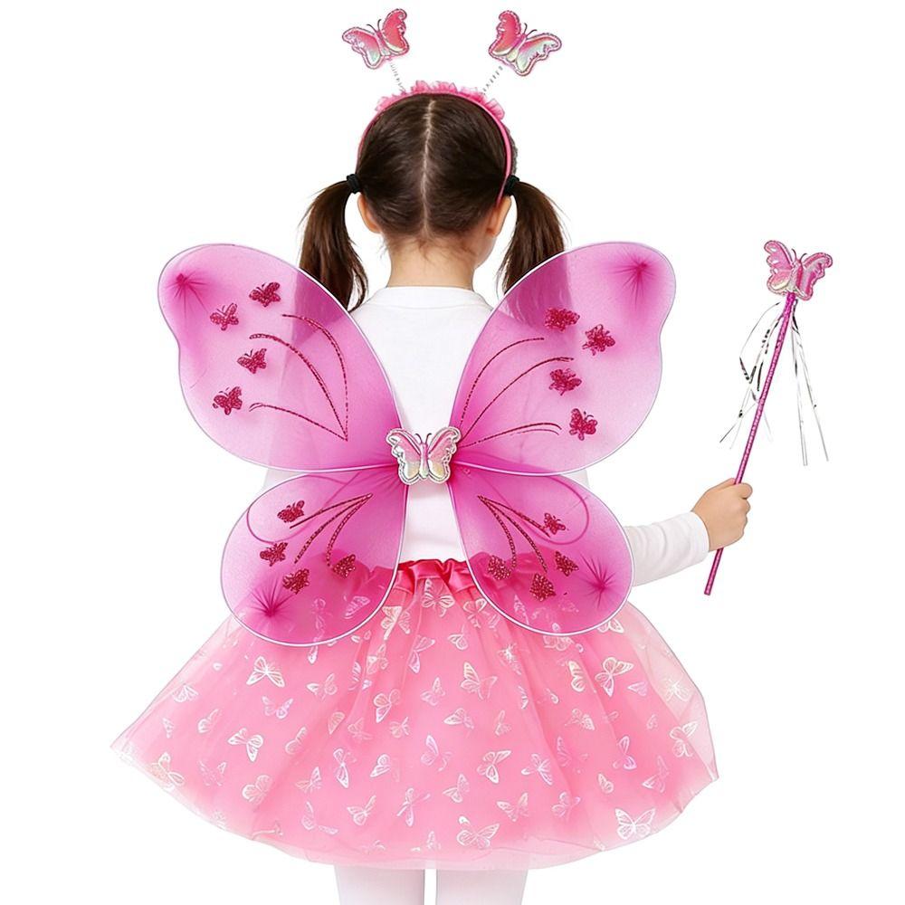 4Pcs/Set Fairy Princess Costume Butterfly Wings Puff Skirt Butterfly Wing Set Tutu Skirt Headband Angel Costume