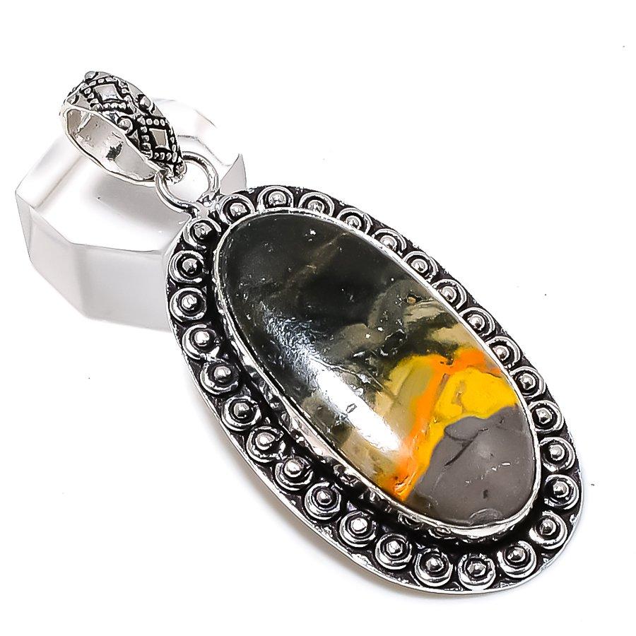 Драгоценный камень Яшма Шмель Ручная работа Серебро 925 пробы Подарочная подвеска 2,56" p5o28