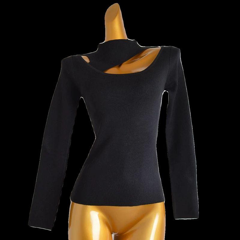 French Sexy Halter Cut-out Expose Clavicle Pullover Long Sleeves Bottoming Shirt for Women Silm Slim Looking All-Matching Sweater Tops