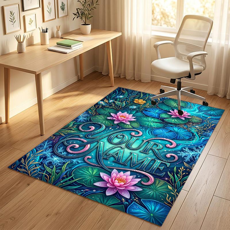 Water Lilies Reflections Theme Soft Crystal Velvet Rug Custom Name & Text Print Non Slip Floor Rug for Bedroom Living Room