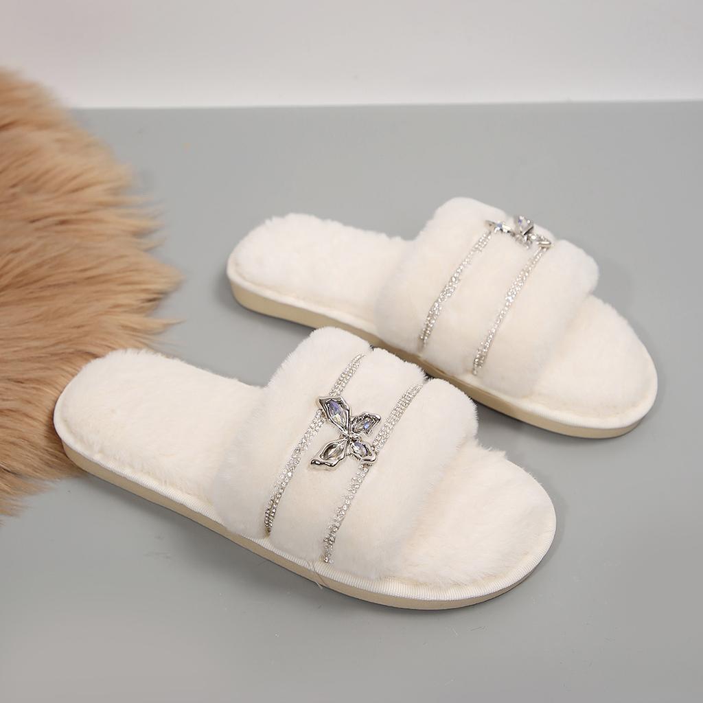 Warm Furry Slippers Women Thick Fluffy Fur Slippers Butterfly Crystal Rivet House Flip Flops Home Slides Flat Indoor Floor Shoes