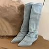 2024 Pleats Blue Denim Thigh High Boots for Women 2024 Autumn Thick Heeled Pointed Toe Cowboy Boots Woman Slip On Western Long Boots