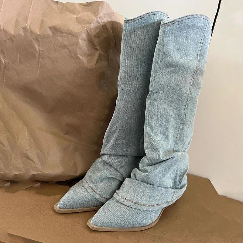 2024 Pleats Blue Denim Thigh High Boots for Women 2024 Autumn Thick Heeled Pointed Toe Cowboy Boots Woman Slip On Western Long Boots