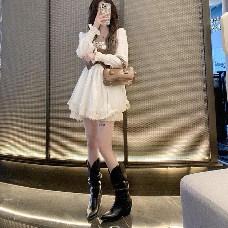 Модные высокие каблуки до середины голени плиссированные сапоги для женщин осень-зима черные кожаные сапоги в стиле вестерн женские ковбойские сапоги на толстом каблуке