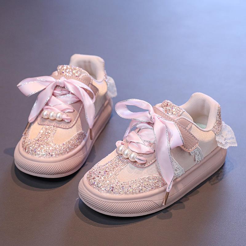 Girls' Crystal Sequin Casual Shoes2026New Spring and Autumn Non-Slip Soft Sole White Shoes for Children and Older Kids Sports Shoes