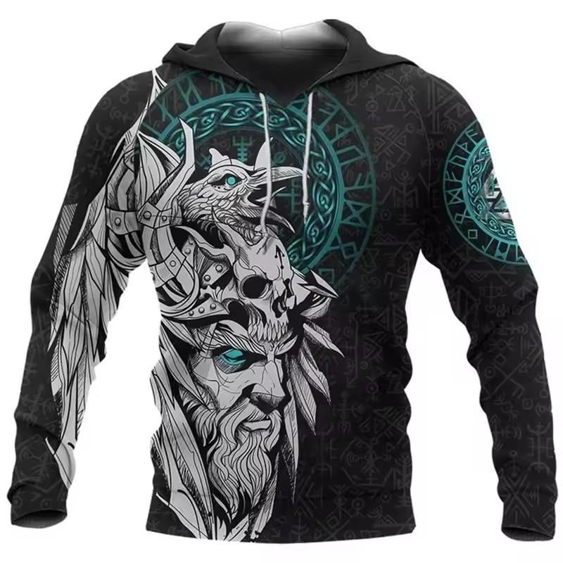 Толстовка с капюшоном 3d Viking Harajuku Print Pullover Мужская толстовка с капюшоном свободного покроя Винтажная мужская одежда Осень с длинным рукавом с капюшоном