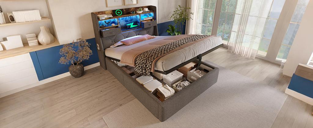 Upholstered Bed 90x200 cm with Hydraulic Storage & LED Headboard, 4 Charging Station, Single Bed Slatted Base, Grey Linen Fabric (Without Mattress)