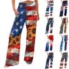 Women's Casual Straight Leg Independent Day Print Beach Pants With Pockets And Pleated Pants