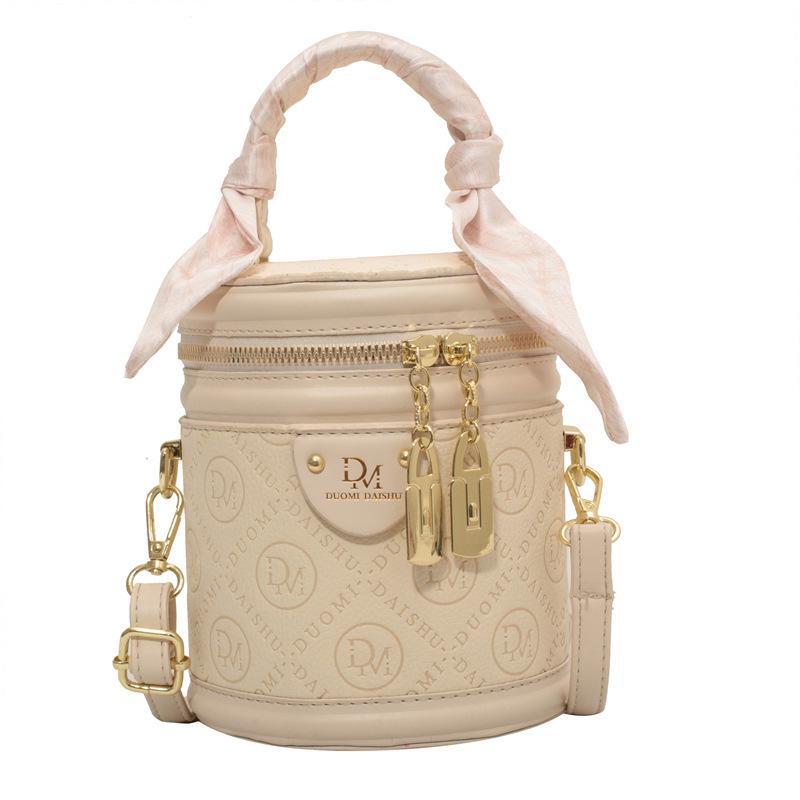 Autumn 2024 Trendy Women's Round Bucket Crossbody Bag: Solid Color, Textured, Hand-Held, and Stylish.